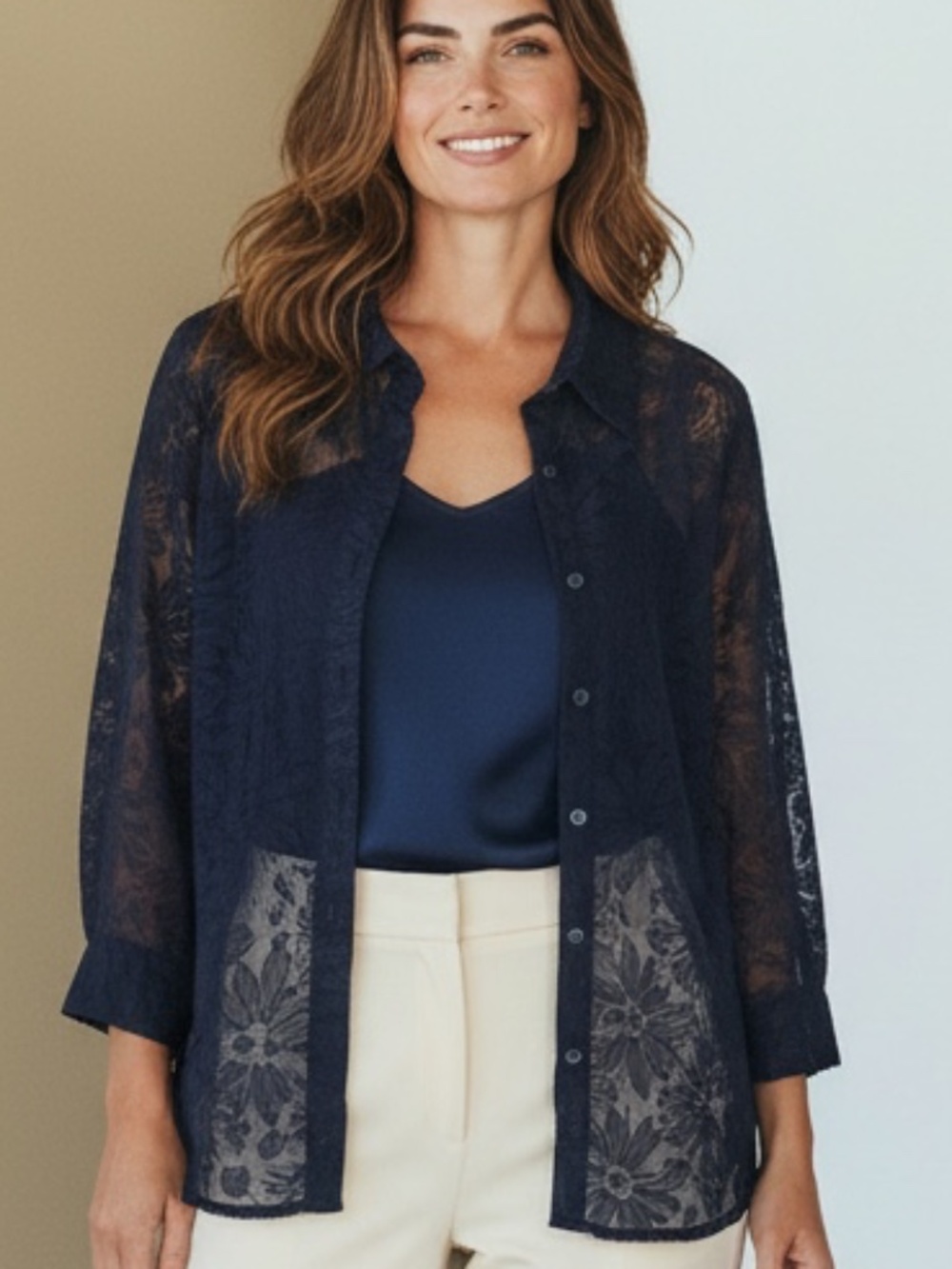 Talbots Sheer Floral Navy button down blouse Size 22